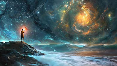 Quest for truth: individual holding torch symbolizes pursuit of knowledge, understanding, illuminating path towards enlightenment