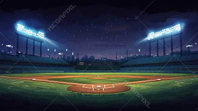 A cartoon illustration of a baseball stadium design, showing a sports field with bases and floodlights, along with