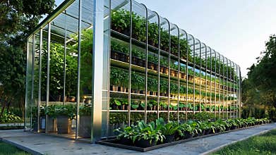 Modern glass building with integrated vertical garden showcasing various potted plants, creating a stunning green wall