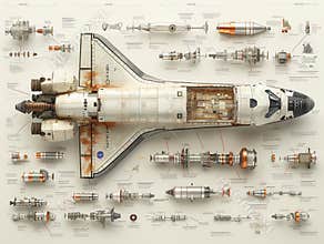 Dismantlement diagram of Space Shuttle, the Space Shuttle is in the middle of the picture, and Space Shuttle parts are