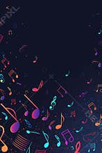 Simple vertical poster design, solid dark background with neon-colored music notes floating, space