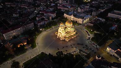 Aerial night view of Bulgaria\'s capital Sofia. Iconic building. View of the Cathedral of St. Alexander Nevsky at nightfall,