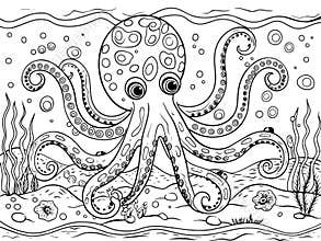 Large octopus at the bottom of the sea. Coloring book or Coloring page for kids. Generative ai.