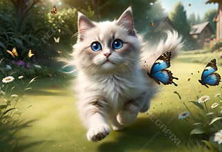 a small beautiful cartoon Ragdoll kitten runs across the lawn chasing a butterfly.