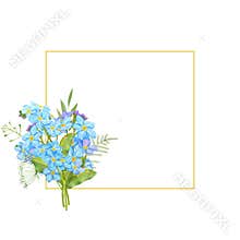 Watercolor frame with a bouquet of forget-me-nots and wild herbs