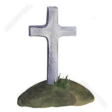 Tombstone, gray gravestone as cross, hill, grass. Attribute of cemetery, death, Christianity, Halloween. Memorial Day