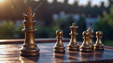 Strategic leadership symbolized king chess piece on board, representing business success