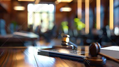A blurred background of a busy law office with a foreground of a tablet displaying relevant case laws pulled up by an AI