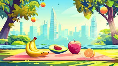 Sporting fruits in the city park on a sunrise cartoon illustration. Funny food exercise workout with avocado, banana