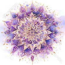 A purple mandala flower with gold accents. The flower is a symbol of love and peace