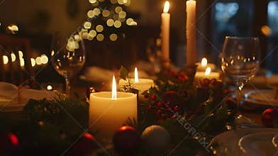 Generative AI Cozy candlelight holiday dinner table business concept.