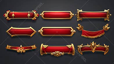 In this set of 3d modern Illustrations for website design, we see medieval buttons, red oblong banners, red borders