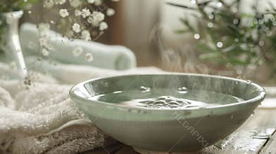 A bowl filled with steaming hot water and a few drops of eucalyptus oil creating a theutic and decongesting steam for