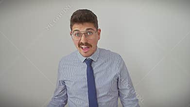 Skeptical young hispanic man, with surprised, open-mouthed look, dons glasses and a sarcastic expression on his face - isolated