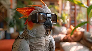 A White Cockatoo Wearing Sunglasses In A Home Interior