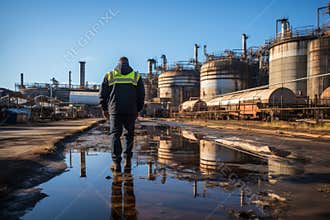 Safety inspector reporting oil leak via walkie talkie in hazardous industrial setting