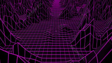 Seamless loop background with low poly landscape and glowing pink grid in a retro synthwave style