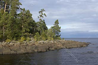 The stone coast of Valaam Island on Lake Ladoga