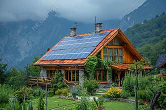 Eco friendly hotel with solar panels harnessing solar energy, surrounded by nature reserve