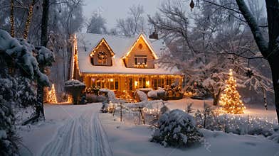 Cozy SnowCovered House with Festive Christmas Lights and Decor in Winter Wonderland
