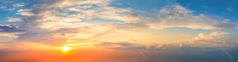 Ave real sky with sun - Pastel colors - Panoramic Sunrise Sundown Sanset Sky with colorful clouds. Without any birds. Natural