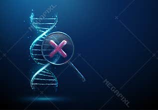 3d DNA strand under magnifying glass with red cross. Detection of genetic mutations, identification of hereditary