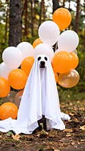 Dog dressed as a ghost with orange and white balloons in a forest setting