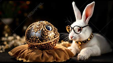 Elegant white rabbit with glasses admiring ornate golden artifact on velvet cushion
