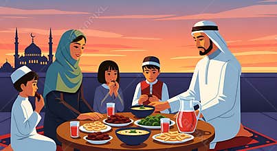 Illustrated Cheerful Ramadan Family Iftar Meal Together Illustration, generative ai