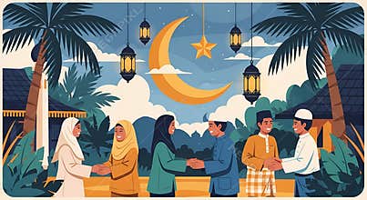 Flat Graphic Eid Mubarak People Greeting Illustration Cultural Celebration Scenery, generative ai
