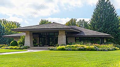 Elegant Modern Home with Beautiful Landscaping and Green Lawn on a Bright Sunny Day