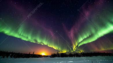 A dazzling auroral landscape in the Arctic night sky, Generative AI