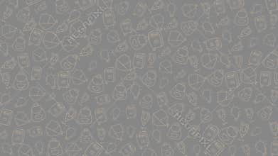 Seamless Gray Background with Tiny Line Art of Beverages and Food Items