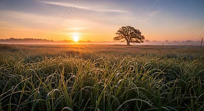 Golden Sunrise Illuminates Misty Field with Isolated Tree Silhouette and Dew Droplets on Tall Grass Landscape