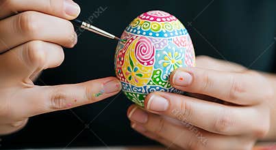 Hands painting colorful Easter egg with small brush on dark background