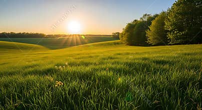 Sunrise over a serene green landscape with rolling hills and trees