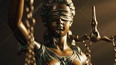 A showcasing a close-up of the statue of justice with a blindfold, holding scales in a dramatic and serene setting.
