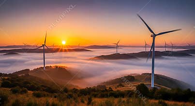 Wind turbines on hills at sunrise with foggy landscape