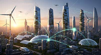 Futuristic cityscape with sustainable architecture and green technology