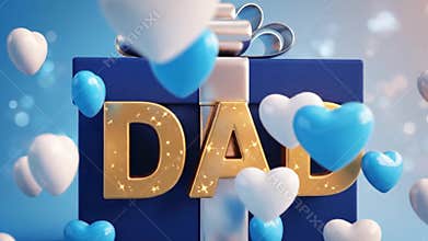 3D blue gift box with DAD letters and floating white and blue hearts on light blue background for Father\'s Day