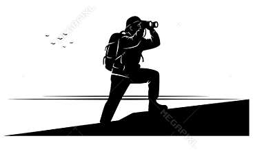 Hiker with backpack looking through binoculars silhouette on mountain landscape