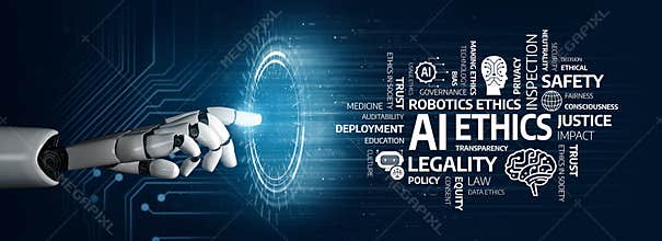 Futuristic Robot Hand Reaching Towards Digital Sphere with AI Ethics, Safety, Transparency, and Robotics Terms in a High