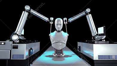 3d rendering robot assembly line producing cyborg in factory