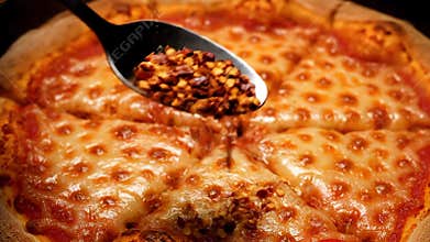 Adding Chili Flakes to a Freshly Baked Margherita Pizza