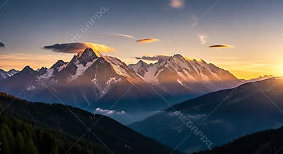 Snow capped mountains at sunset with golden light and clouds peak