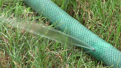 Perished hose pipe with water spurting from a hole.