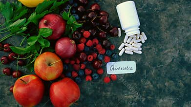 Products that contain quercetin. Selective focus.