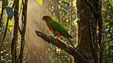 Australian King Parrot Perched on Mossy Branch in Dense Rainforest with Golden Light Streaming Through Trees Australian Avian