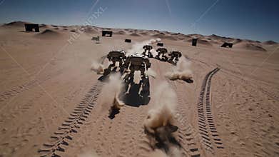 Convoy of futuristic robots racing across a vast arid desert under a clear blue sky, kicking up dramatic dust clouds as