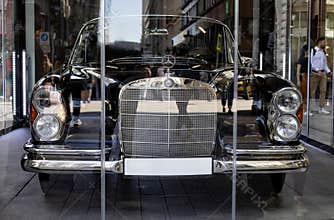 Classic Mercedes-Benz on Display Behind Glass – Editorial Use Only